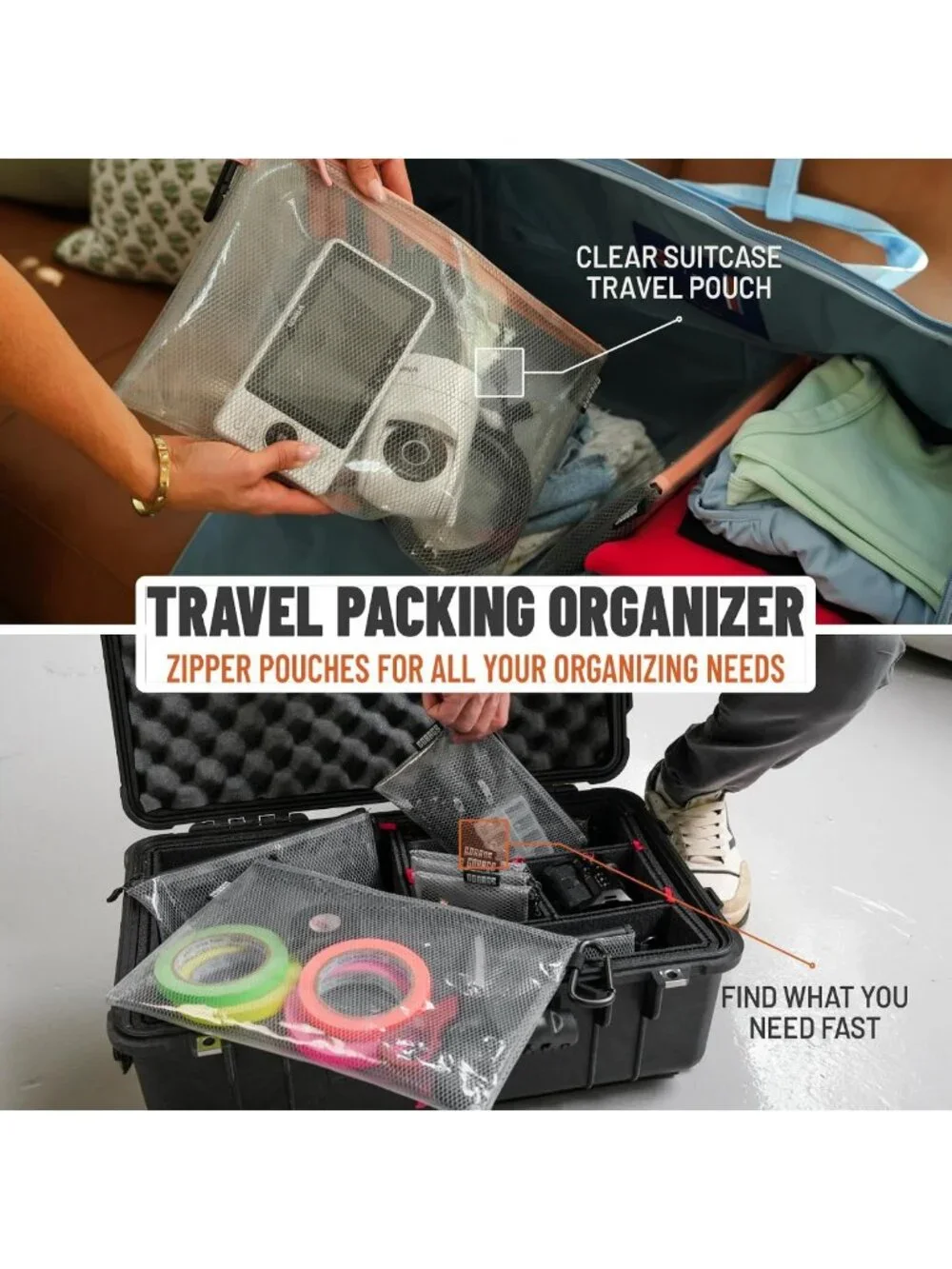 Multi-Size Clear Zipper Pouch Set - Cable Organizer & Travel Bag for Tech Gear